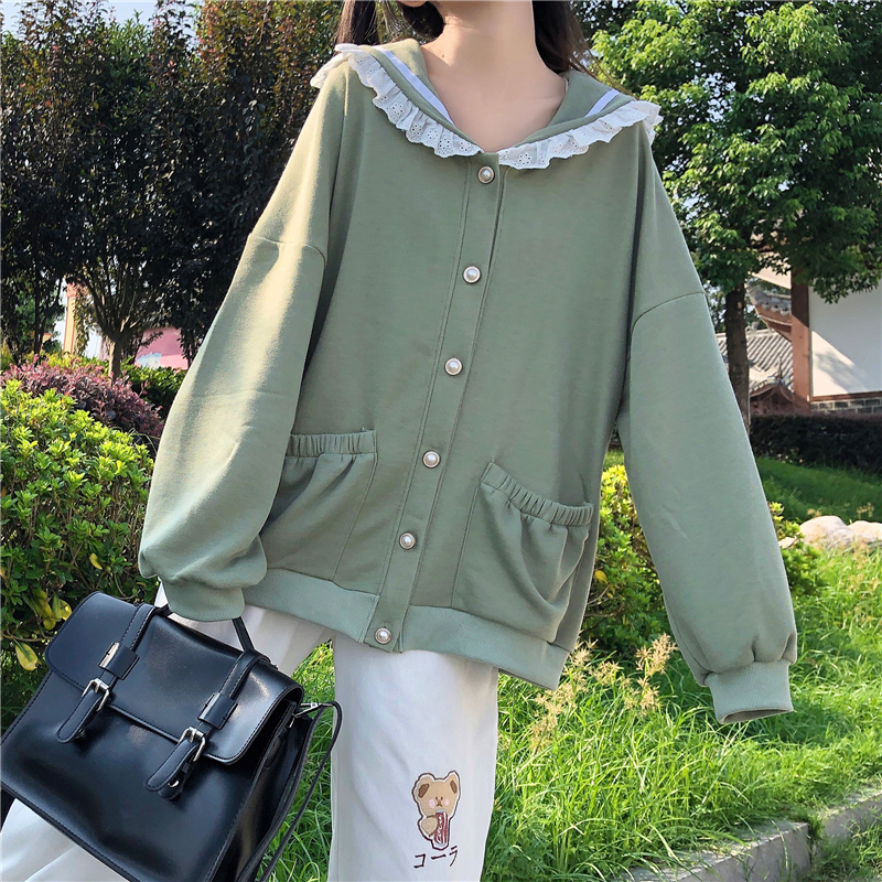 Autumn Sweet Women Hoodies Loose Hooded Sailor collar Cute L-图3