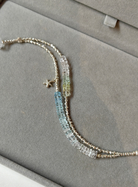 海盐和风  双层天然渐变海蓝宝摩根石碎银子手链女精致原创