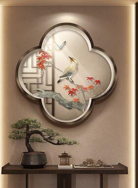 喜鹊报喜入户玄关装饰画梅花形假窗户景茶室挂画新中式走廊壁画灯