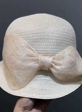 外贸潮夏遮阳防晒麻纱蝴蝶结草帽女可折叠半卷边沙滩度假太阳帽子