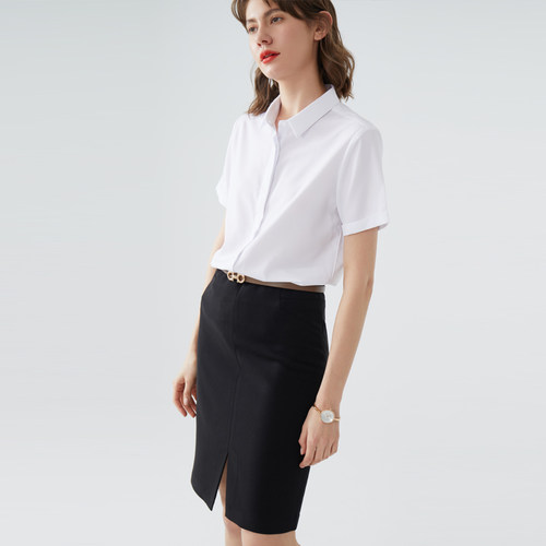 宿·色职业白衬衫女工作服短袖正装上衣蓝色公务员面试服装衬衣 - 图1