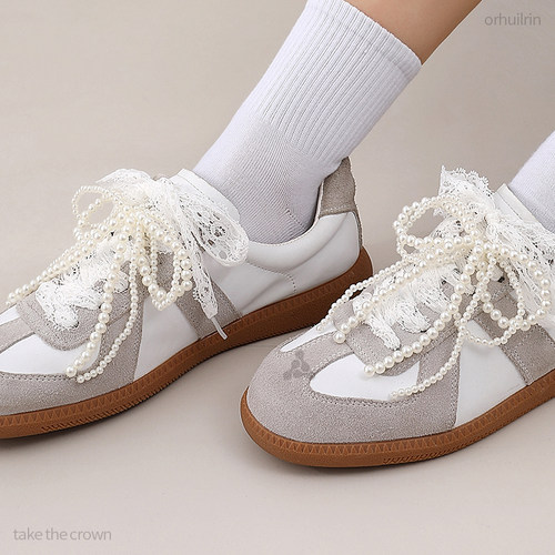 2025新款蕾丝鞋带女款德训鞋带珍珠鞋带配饰芭蕾风diy蝴蝶结鞋花 - 图2