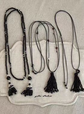 民族风黑色串珠流苏长款项链新中式复古轻奢高级优雅颈链锁骨链