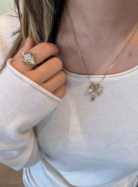 vintage中古银针锆石鸢尾花朵耳项链设计稿毛衣链轻奢耳坠复古女