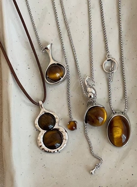 民族风复古虎眼石吊坠项链女时尚潮流轻奢个性小众百搭颈链毛衣链