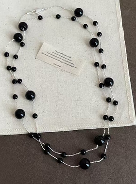 复古简约百搭黑色珍珠长款项链女个性独特时尚优雅气质颈链毛衣链