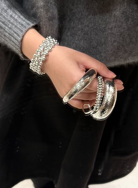 轻奢ins风多层圆珠素圈开口戒指手镯套装个性独特极简韩系饰品潮