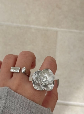 甜酷辣妹宽边镂空潮酷戒指几何布契风百搭镀银开口指食指戒饰品