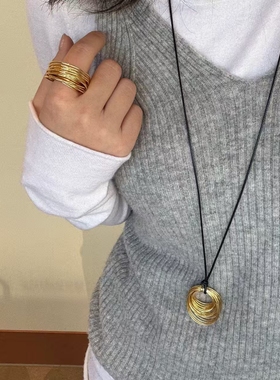 甜酷欧美黑色蜡线多层编织圆形吊坠项链戒指个性冷淡风时尚饰品女