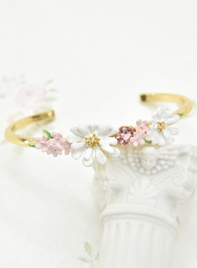 法国手工珐琅 莫里索印象 蕾丝花 马鞭草 粉宝石叶 手镯