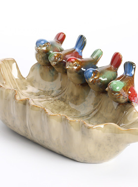 八年老店新品冲量陶瓷珍藏版工艺品窑变釉水果盘摆件小鸟动物水果