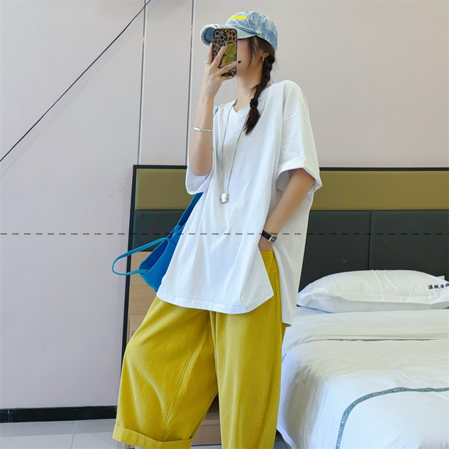 Mid-length butt-covering, slimming, flesh-covering half-sleeved T-shirt for women