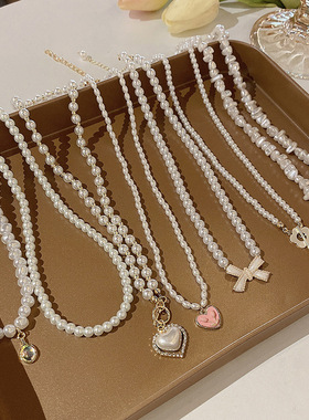 韩国新款小众珍珠项链女百搭拼接爱心锁骨链轻奢气质串珠项链