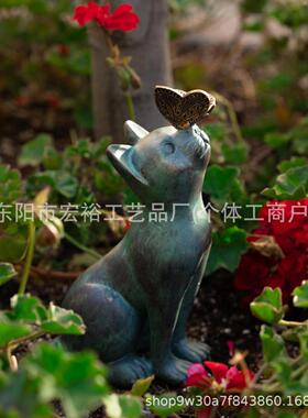 仿青铜蝴蝶与猫摆件树脂工艺品