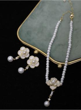 新款珍珠花朵颈链女礼服项链饰品