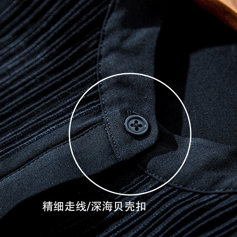 法式百褶立领黑色雪纺设计感衬衫 iumi衬衫