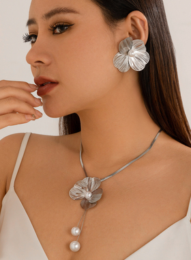 银杏叶仿珍珠扁蛇骨链耳钉项链套装 欧美甜美网红ins气质锁骨链潮