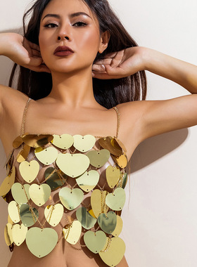 欧美跨境派对朋克比基尼性感衣饰胸链辣妹手工爱心背心亮片身体链