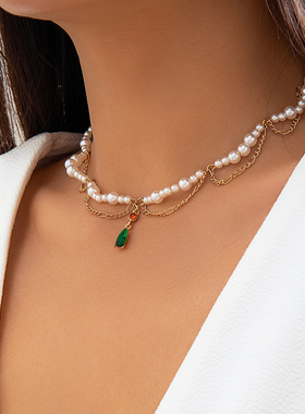 绿色水滴流苏波浪仿珍珠项链