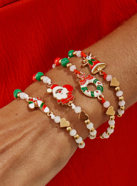 可拉伸调节4件套圣诞手链套装 欧美时尚可爱女生节日氛围搭配饰品