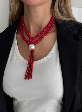 流苏米珠亚克力珠子项链女 欧美2026春季简约时尚网红写真毛衣链