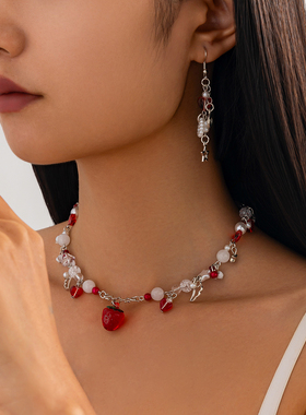 2件套红色桃心草莓耳环项链套装 2026春季甜美可爱时尚ins风饰品