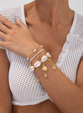 5件套贝壳米珠手链套装 欧美2025新潮冬季海边旅行拍照叠戴手饰品