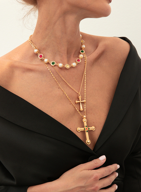 3件套镶钻十字架项链套装 欧美潮轻奢时尚女生百搭网红旅拍饰品