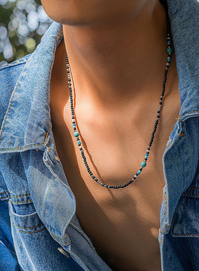 男款复古仿松石米珠项链颈链