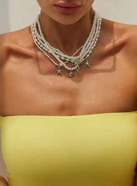 5件套海星扇贝仿珍珠项链套装 2025夏季嘻哈时尚潮流叠戴锁骨链酷