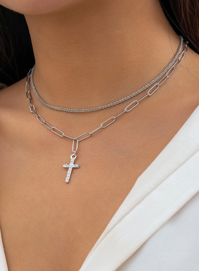 2件套镶钻十字架项链套装