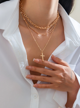 4件套十字架多层项链套装 2025冬季简约时尚百搭网红风格锁骨链潮