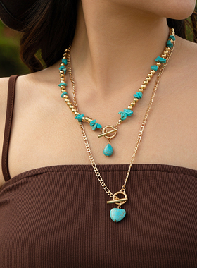 2件套OT扣桃心仿松石CCB项链套装 复古个性小众设计叠戴锁骨链潮