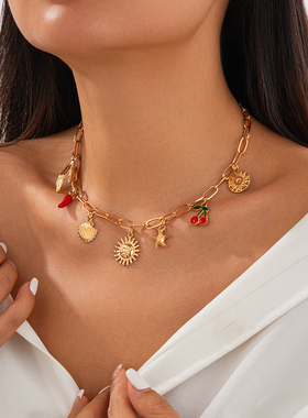 海马椰树桃心十字架吊坠项链女 欧美甜美时尚个性网红百搭锁骨链