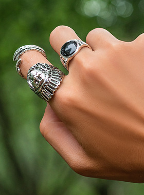 男款3件套印第安滴油羽毛戒指套装 复古嘻哈时尚节日指环配饰品