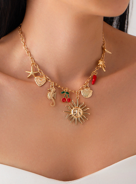 樱桃太阳扇贝十字链项链女 2026春季新潮复古设计旅行度假配饰品