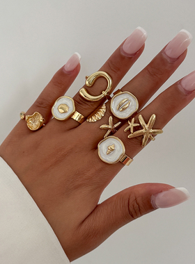 7件套滴油扇贝海星戒指套装 欧美新潮时尚网红海边旅行度假配饰品