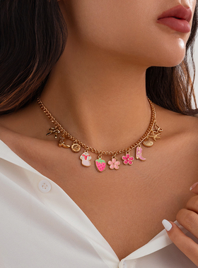 滴油草莓蘑菇靴子吊坠项链女 夏季甜美可爱气质网红ins锁骨链潮人