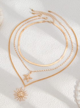 3件套太阳花海星项链套装 欧美2025冬季嘻哈时尚网红气质旅拍饰品