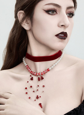 2件套仿珍珠绒布哥特风滴血项链饰女 欧美时尚流苏水晶choker项圈