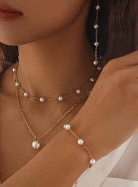仿珍珠链耳钉手链项链套装 2026简约时尚百搭双层锁骨链配饰品