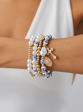 4件套青花瓷仿珍珠CCB手链套装 2025夏季时尚个性网红街拍手饰品