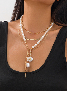 (不可拆开)多层仿珍珠扁蛇骨链项链女新潮时尚个性网红拍照配饰品