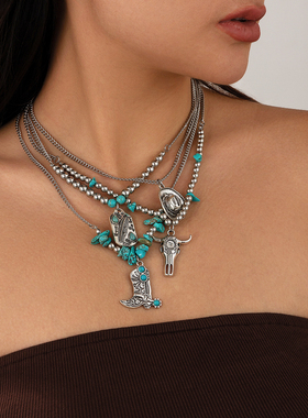 4件套松石西部牛仔元素项链套装 复古时尚网红气质旅拍叠戴锁骨链