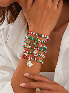 6件套圣诞系列软陶手链套装 欧美冬季时尚百搭女生搭配服装饰品酷