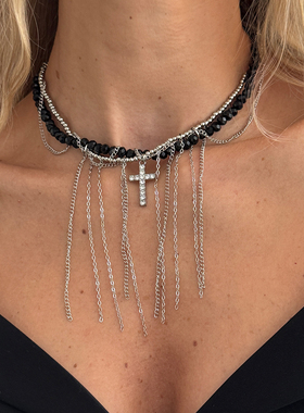 链条流苏缠绕扁水晶项链女 欧美新潮时尚个性小众设计网红锁骨链