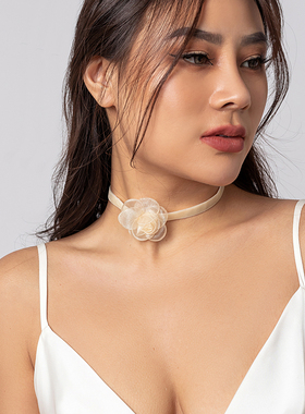 可爱甜美卷边网纱花朵织带项链