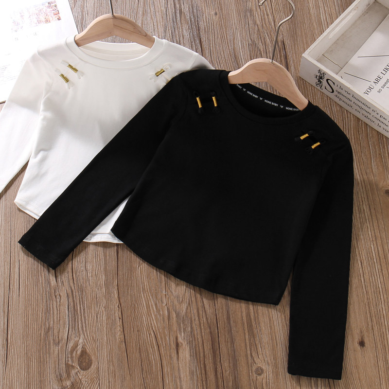 女童新中式上衣春秋国风盘扣长袖T恤修身高腰儿童纯棉白色打底衫,淘宝优惠券,粉丝福利购,淘宝优惠卷