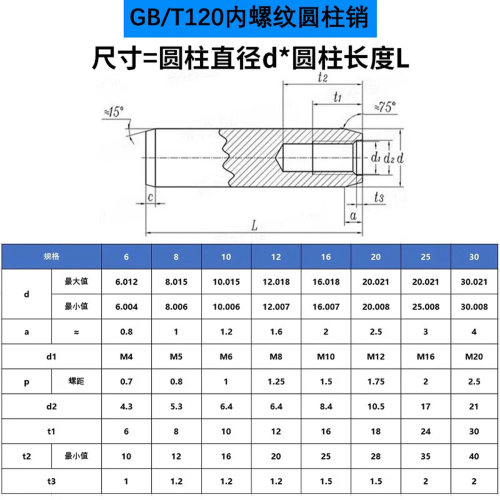 原GB120内螺纹圆柱销高强度45#钢M3M4M5M6M8-30热处理HRC40定位销 - 图2