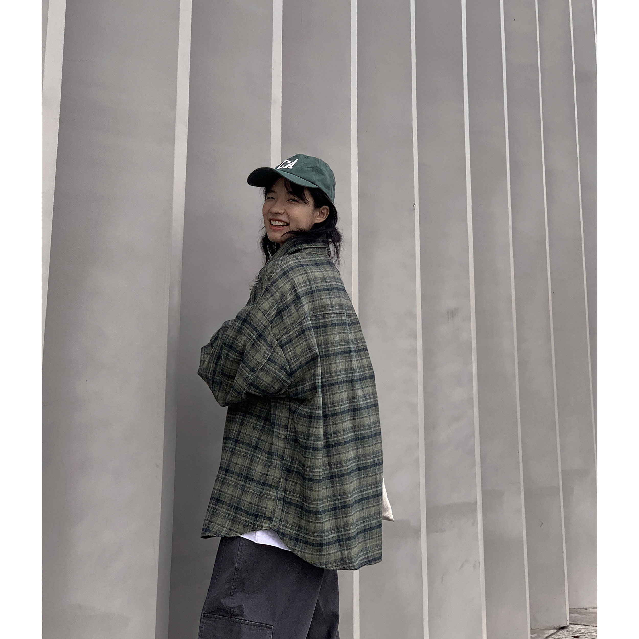 绿色格子长袖衬衫2025秋季宽松百搭cityboy美式复古休闲衬衣外套